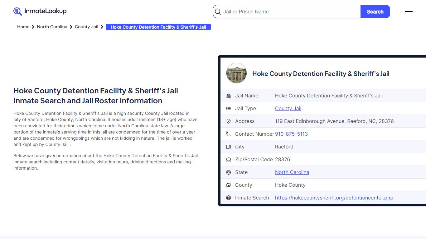 Hoke County Detention Facility & Sheriff's Jail Inmate Search - Raeford ...